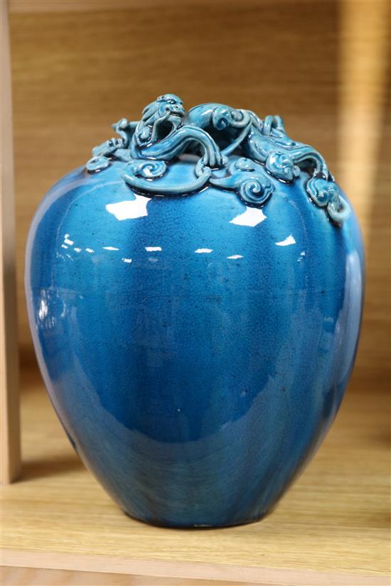 A Japanese turquoise glazed dragon jar height 21.5cm